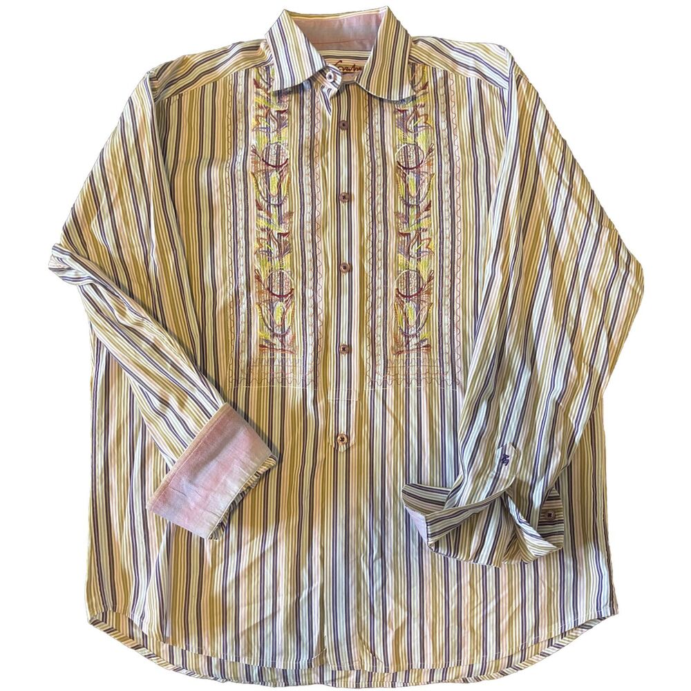 Robert Graham Long Sleeve Button Down Cotton Embroidered Striped Shirt Sz Lg